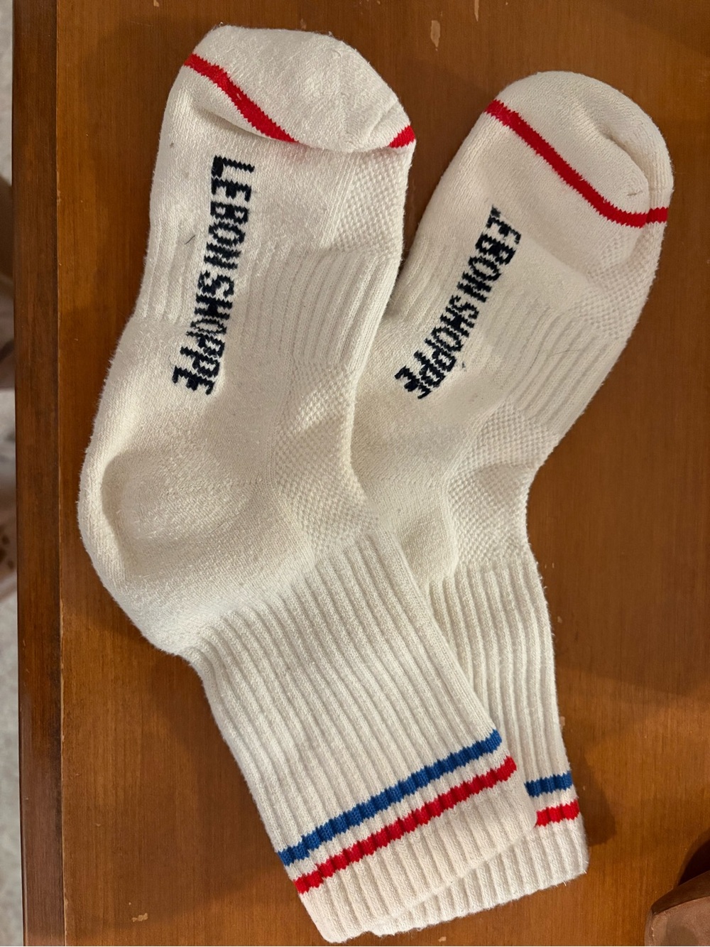 Le Bon Shoppe White Athletic Crew Socks with Red & Blue Stripes